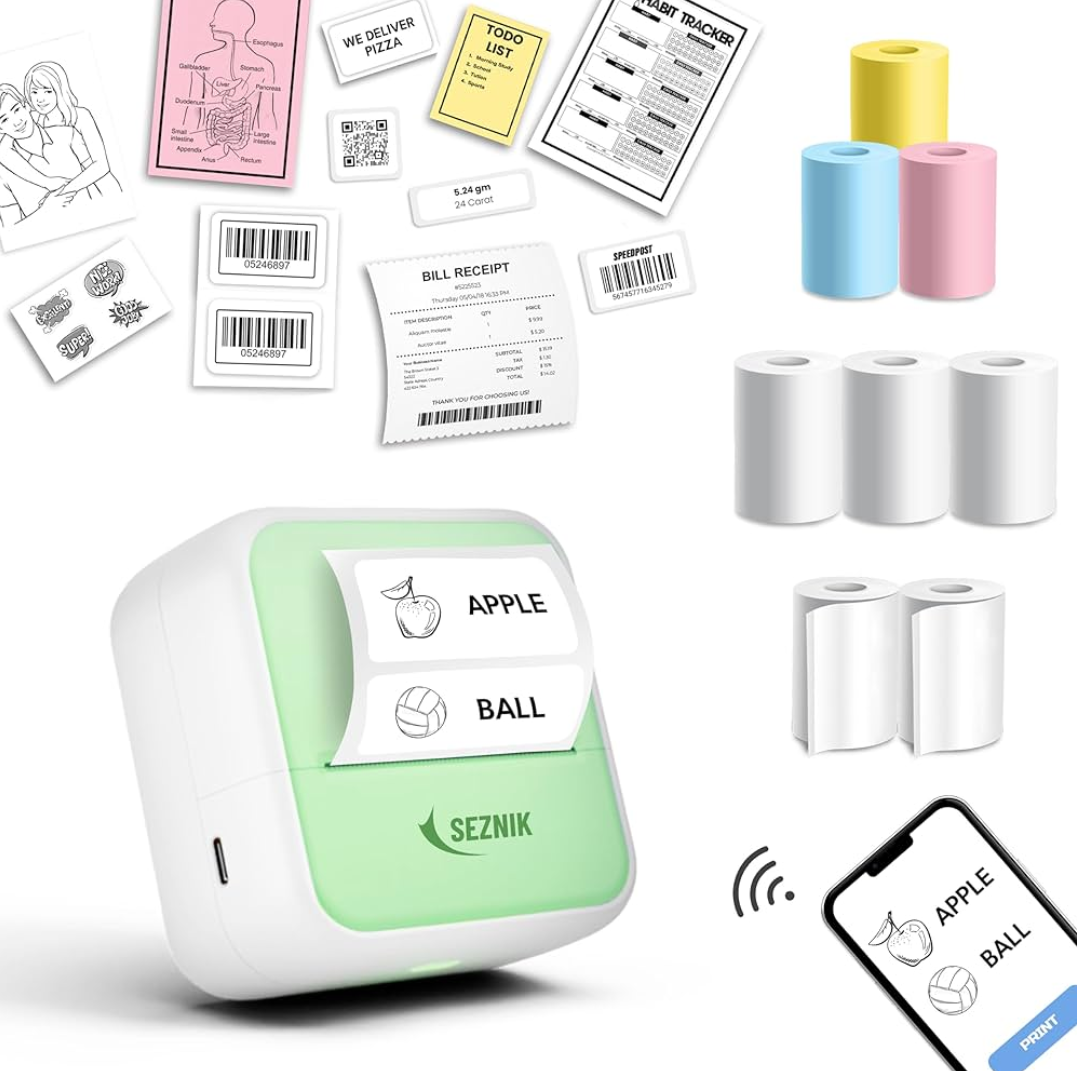 SEZNIK Mini Printer, Wireless Monochrome Home Printers, Thermal, Bluetooth, Portable Pocket Printer, Compatible with Android, iOS Mobile. 1 Year Warranty(Minix-White)