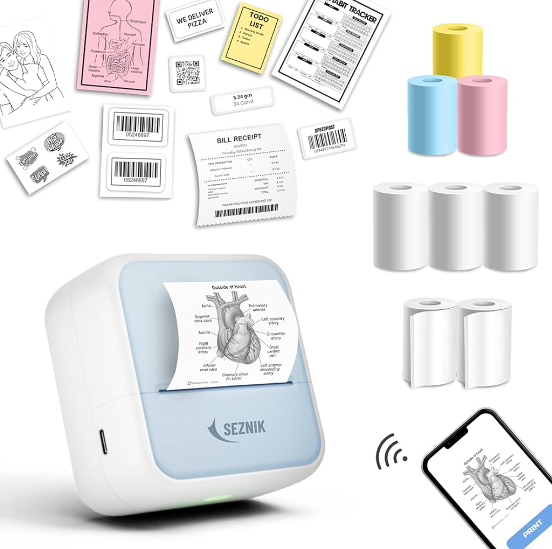 SEZNIK Mini Printer, Wireless Monochrome Home Printers, Thermal, Bluetooth, Portable Pocket Printer, Compatible with Android, iOS Mobile. 1 Year Warranty(Minix-White)
