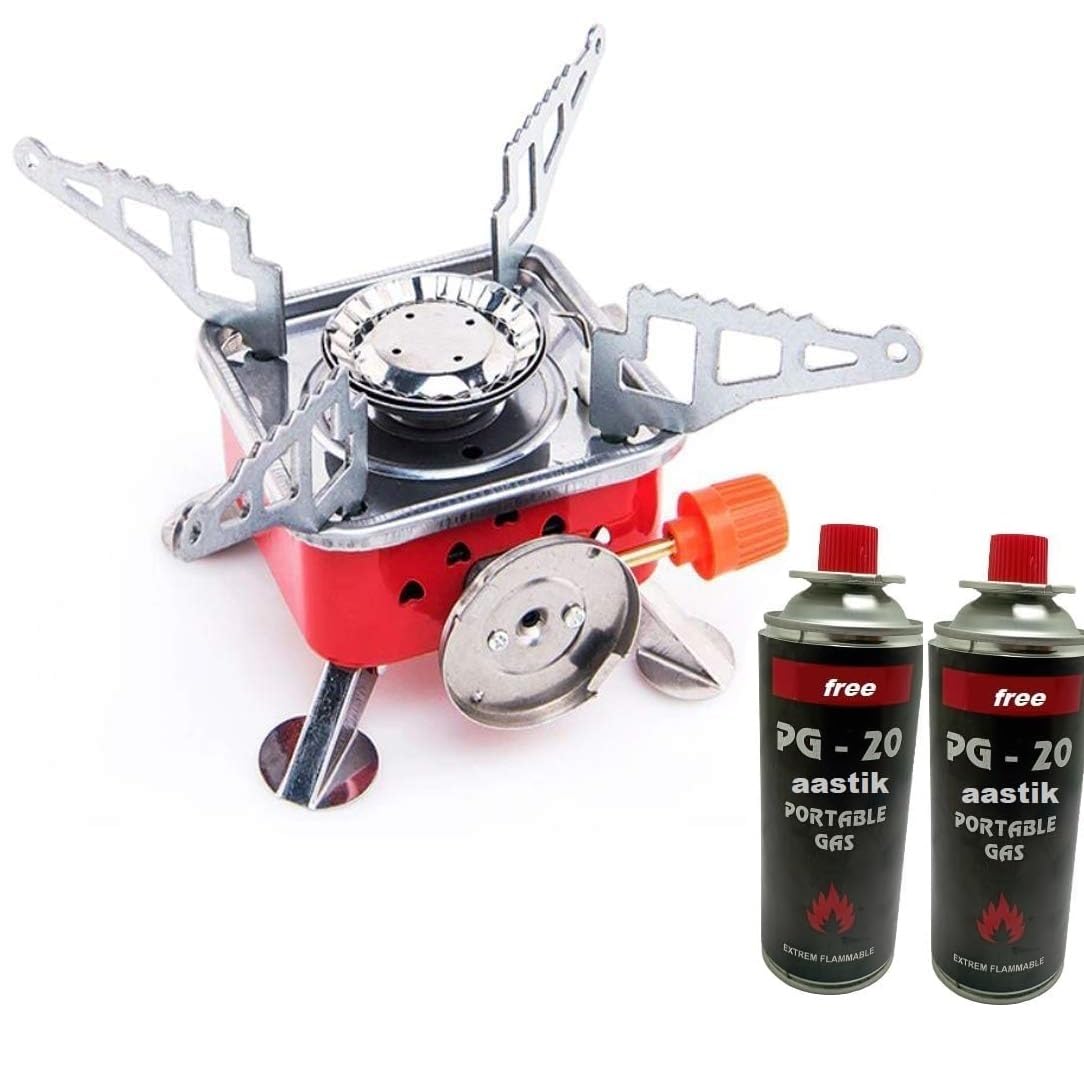 AASTIK SALES Camping Stove Gas Stove Folding Furnace Portable Square-Shaped Gas Butane Burner Camping Picnic Folding Stove Camping Hiking Picnic Cookout (Gas stove+2 Refill), Alloy Steel