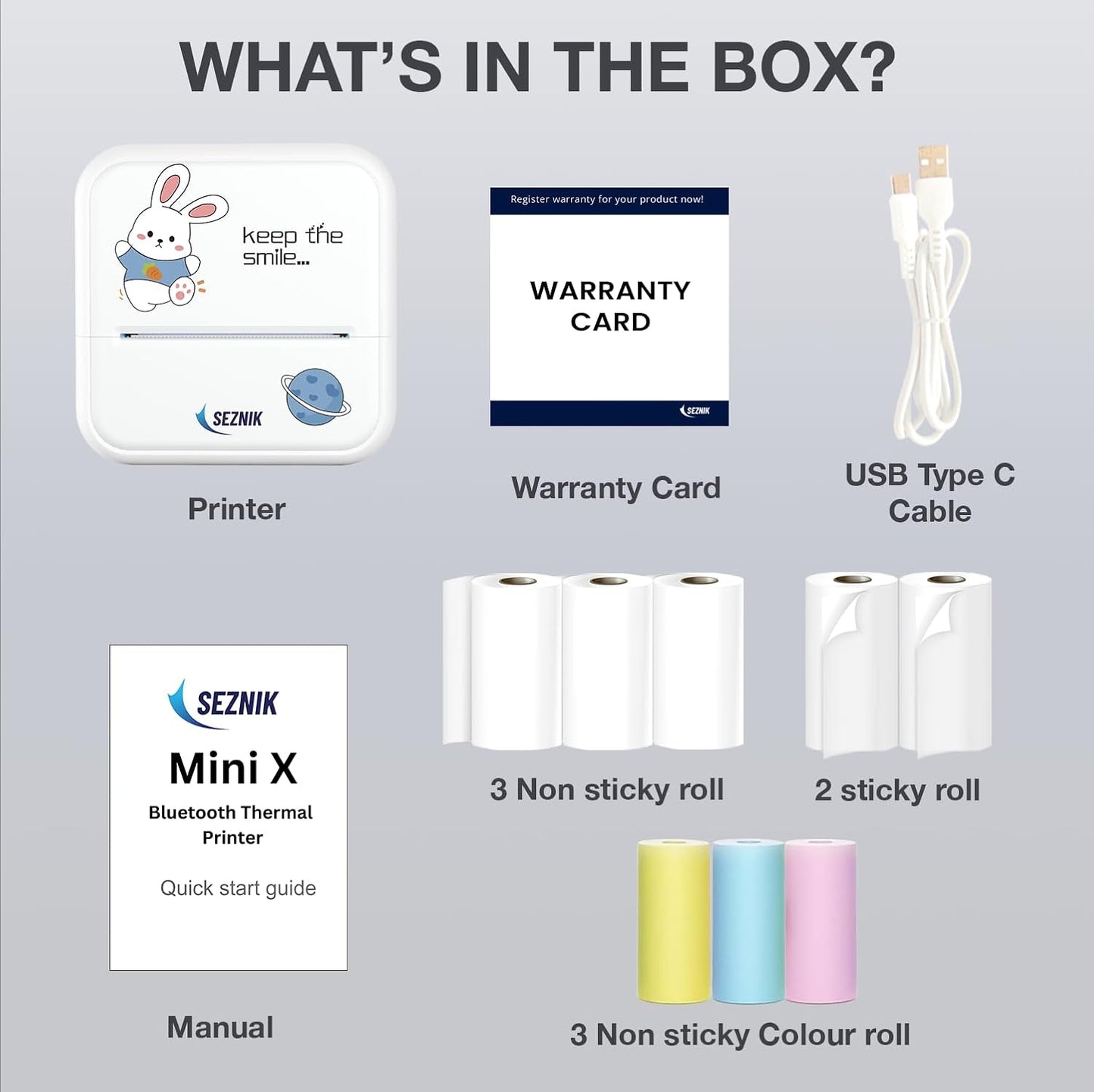 SEZNIK Mini Printer, Wireless Monochrome Home Printers, Thermal, Bluetooth, Portable Pocket Printer, Compatible with Android, iOS Mobile. 1 Year Warranty(Minix-White)