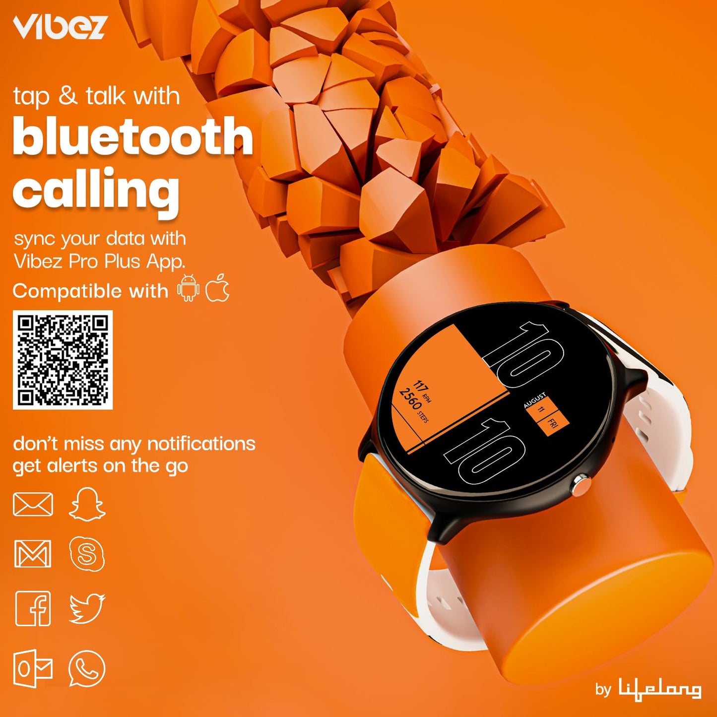 Vibez by Lifelong Fusion Smart Watch for Men & Women, 1.39” HD Display, 360*360 pixels, 550 NITS, BT Calling Smartwatch, Heart Rate Monitoring, SpO2, IP67, Multi Sports Mode (VBSW2268, Orange & Black)