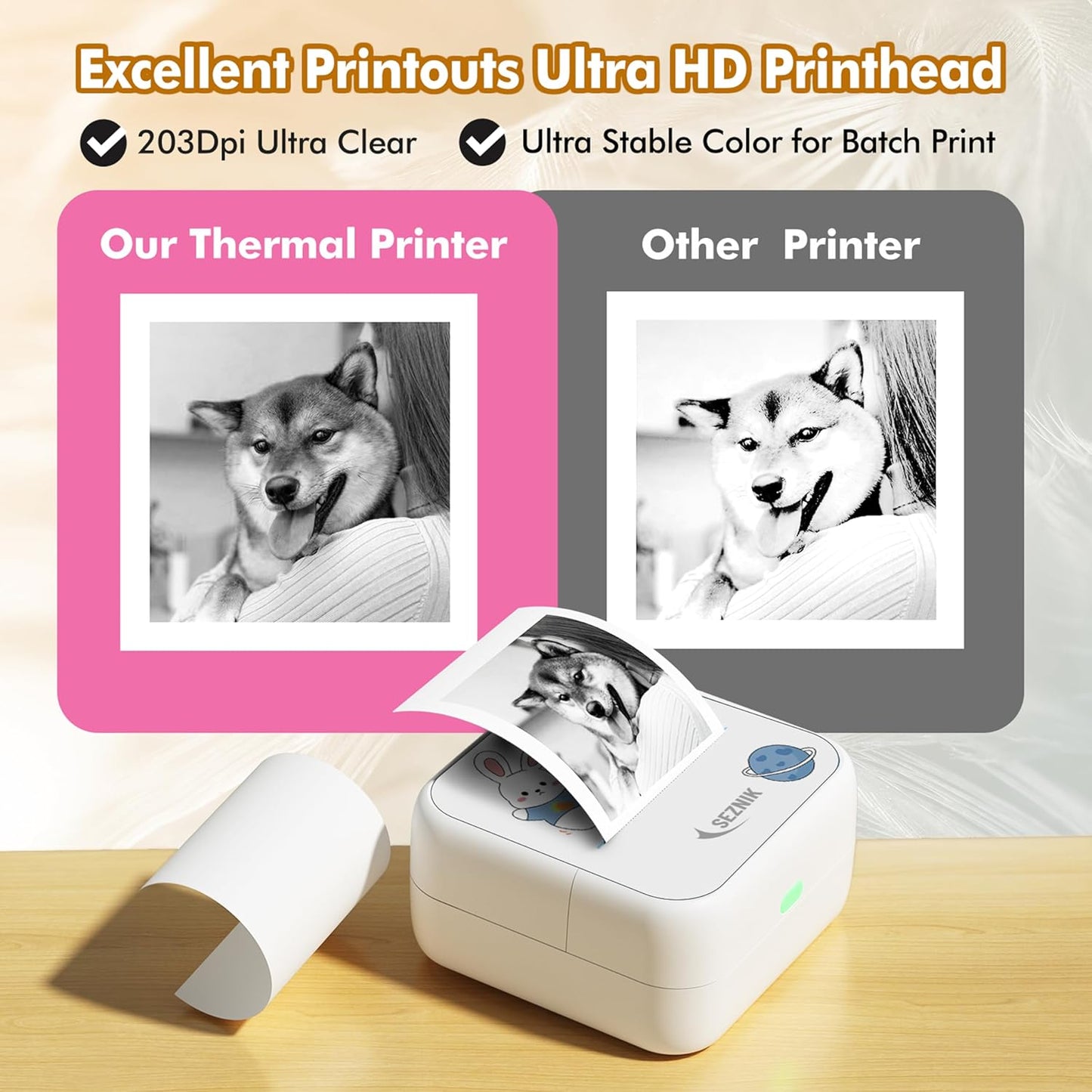 SEZNIK Mini Printer, Wireless Monochrome Home Printers, Thermal, Bluetooth, Portable Pocket Printer, Compatible with Android, iOS Mobile. 1 Year Warranty(Minix-White)
