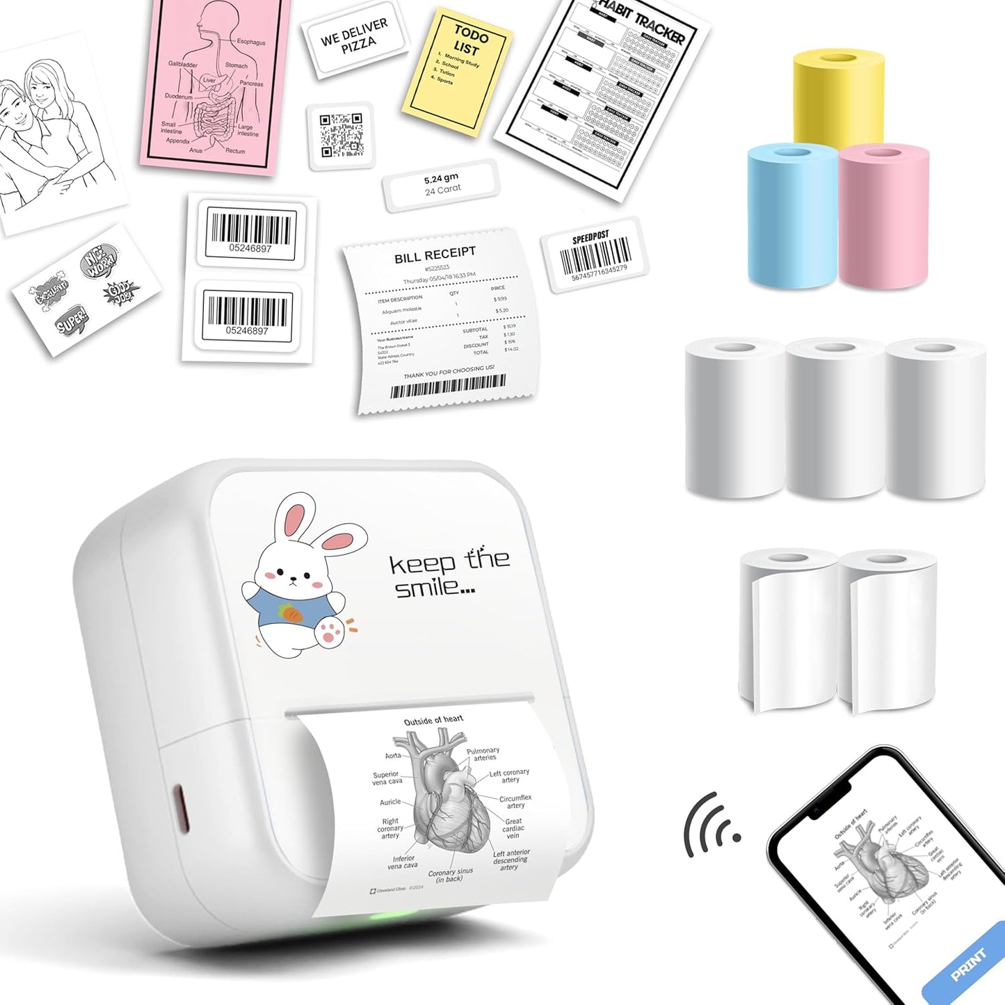 SEZNIK Mini Printer, Wireless Monochrome Home Printers, Thermal, Bluetooth, Portable Pocket Printer, Compatible with Android, iOS Mobile. 1 Year Warranty(Minix-White)