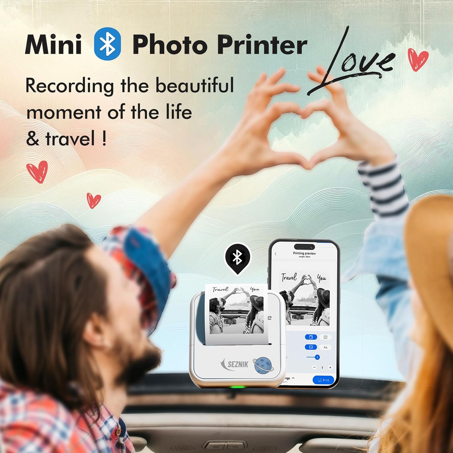 SEZNIK Mini Printer, Wireless Monochrome Home Printers, Thermal, Bluetooth, Portable Pocket Printer, Compatible with Android, iOS Mobile. 1 Year Warranty(Minix-White)