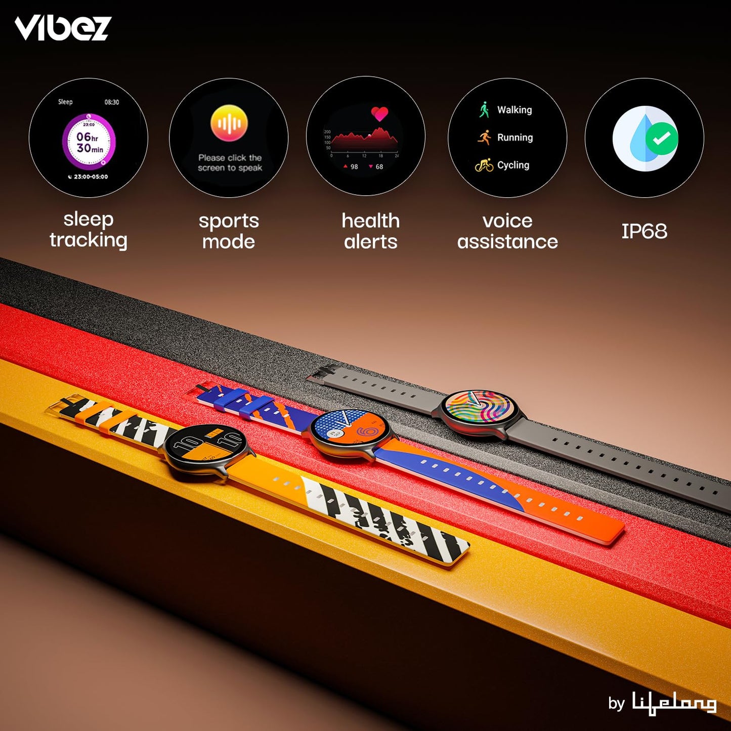 Vibez by Lifelong Fusion Smart Watch for Men & Women, 1.39” HD Display, 360*360 pixels, 550 NITS, BT Calling Smartwatch, Heart Rate Monitoring, SpO2, IP67, Multi Sports Mode (VBSW2268, Orange & Black)