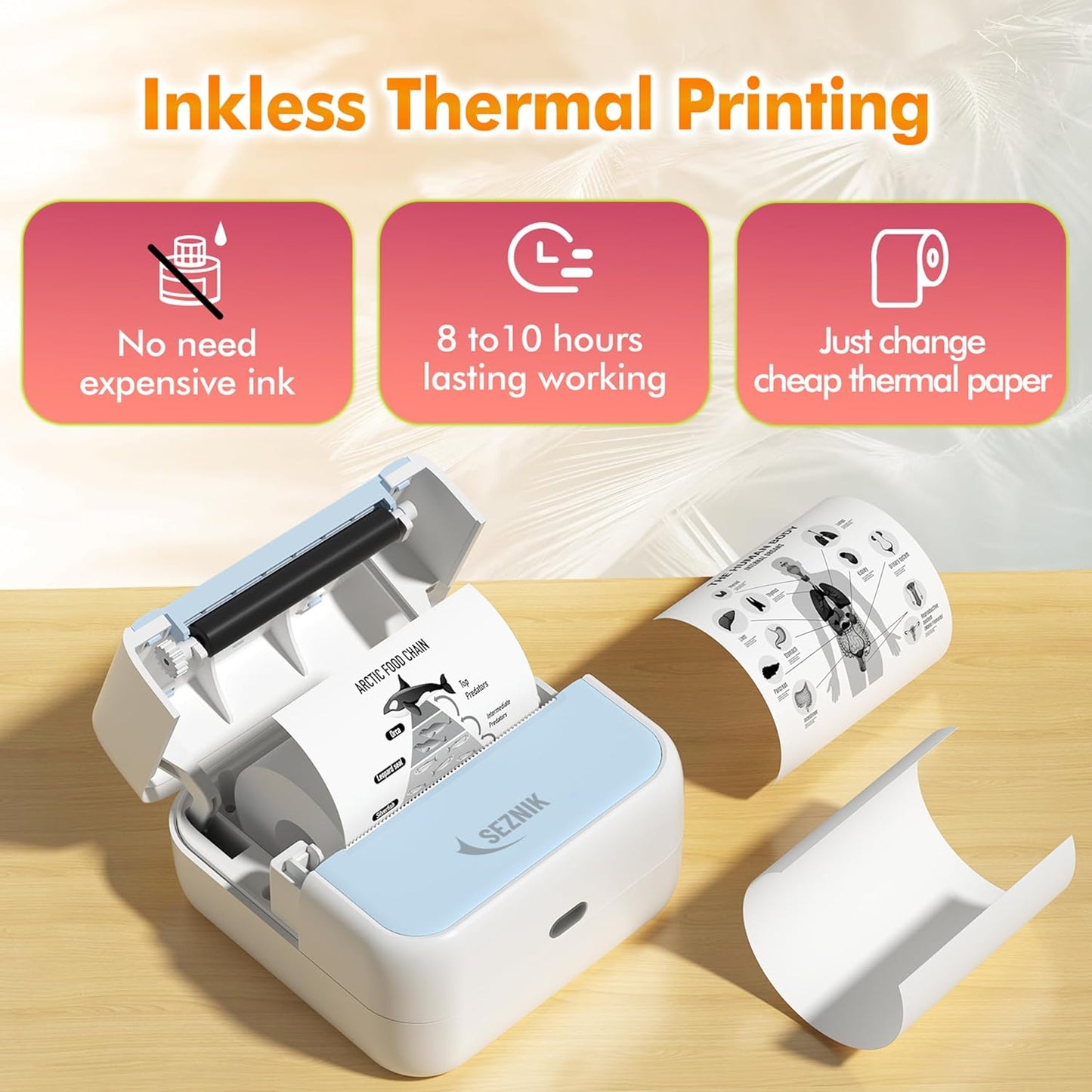 SEZNIK Mini Printer, Wireless Monochrome Home Printers, Thermal, Bluetooth, Portable Pocket Printer, Compatible with Android, iOS Mobile. 1 Year Warranty(Minix-White)