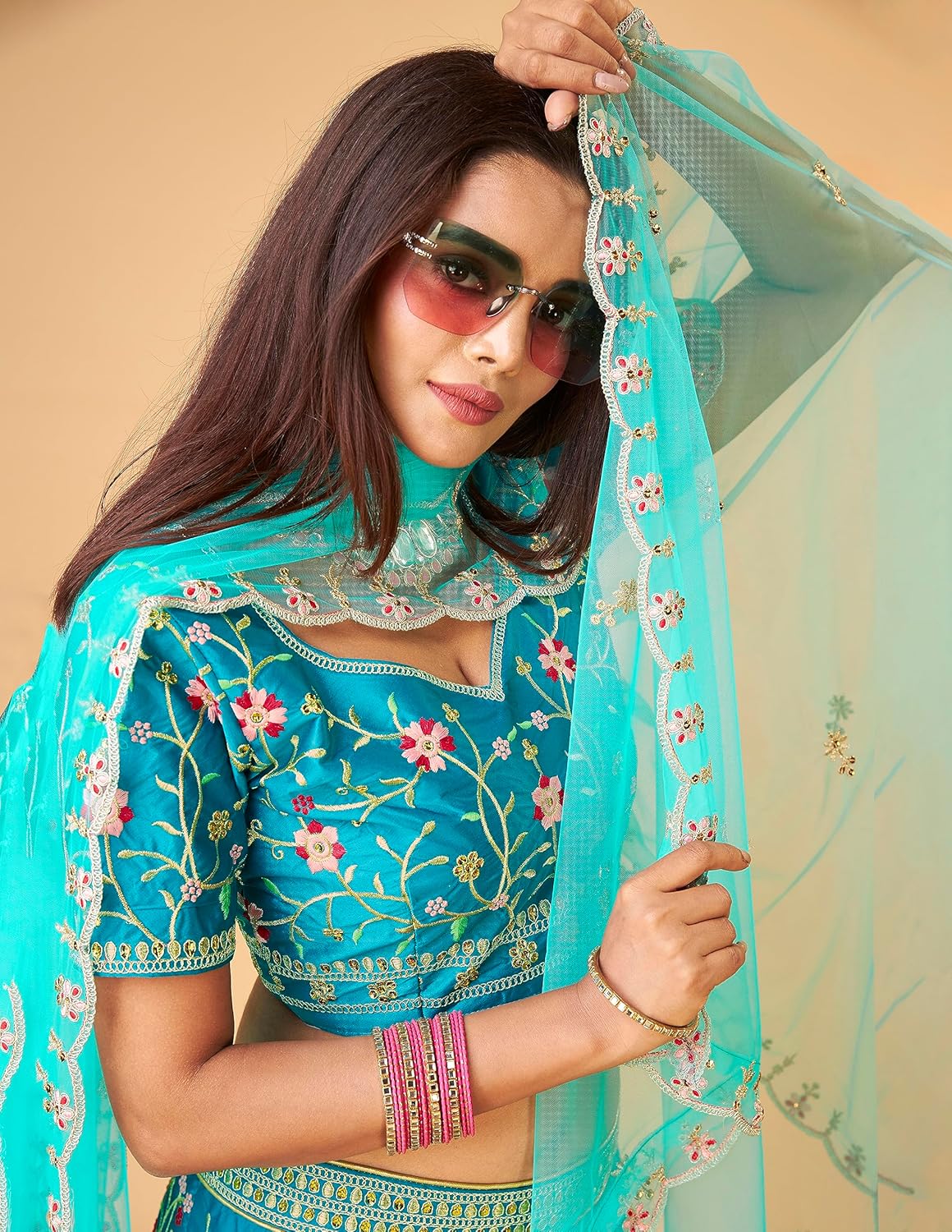 TRENDMALLS Women's Satin Embroidery Lehenga Choli With Dupatta (L57-Turquoise, Semi stitched)