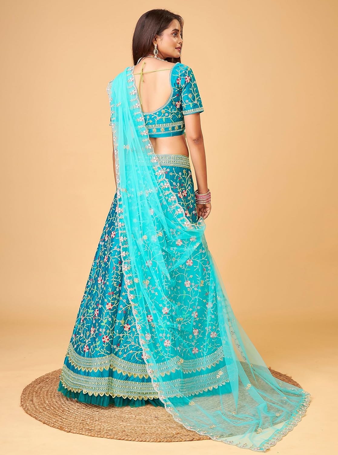 TRENDMALLS Women's Satin Embroidery Lehenga Choli With Dupatta (L57-Turquoise, Semi stitched)
