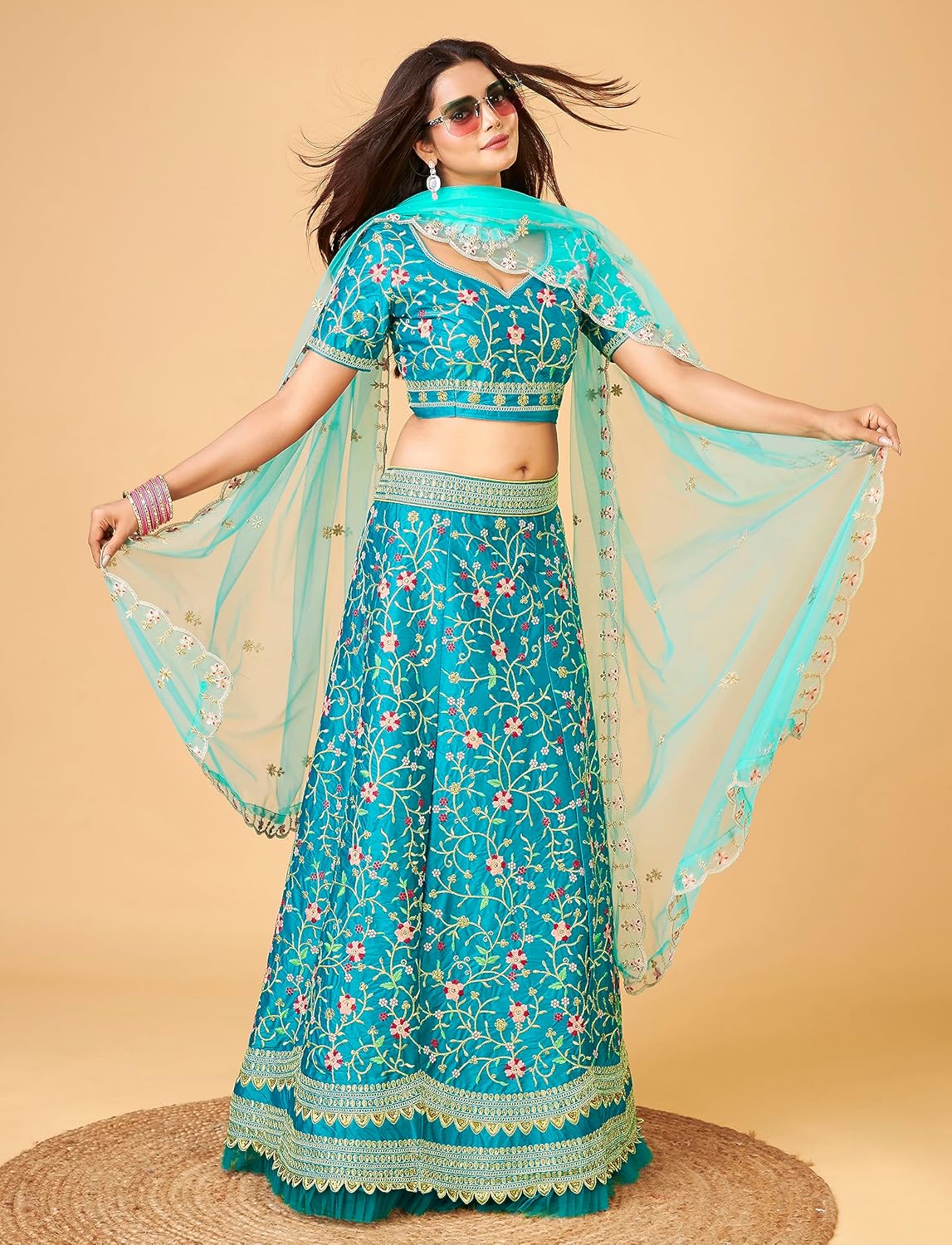 TRENDMALLS Women's Satin Embroidery Lehenga Choli With Dupatta (L57-Turquoise, Semi stitched)