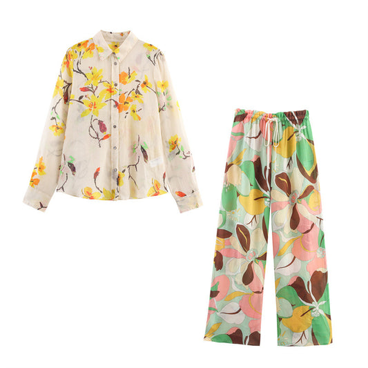 Elegant Floral Print Loose Fit Women's Shirt and Pants Set