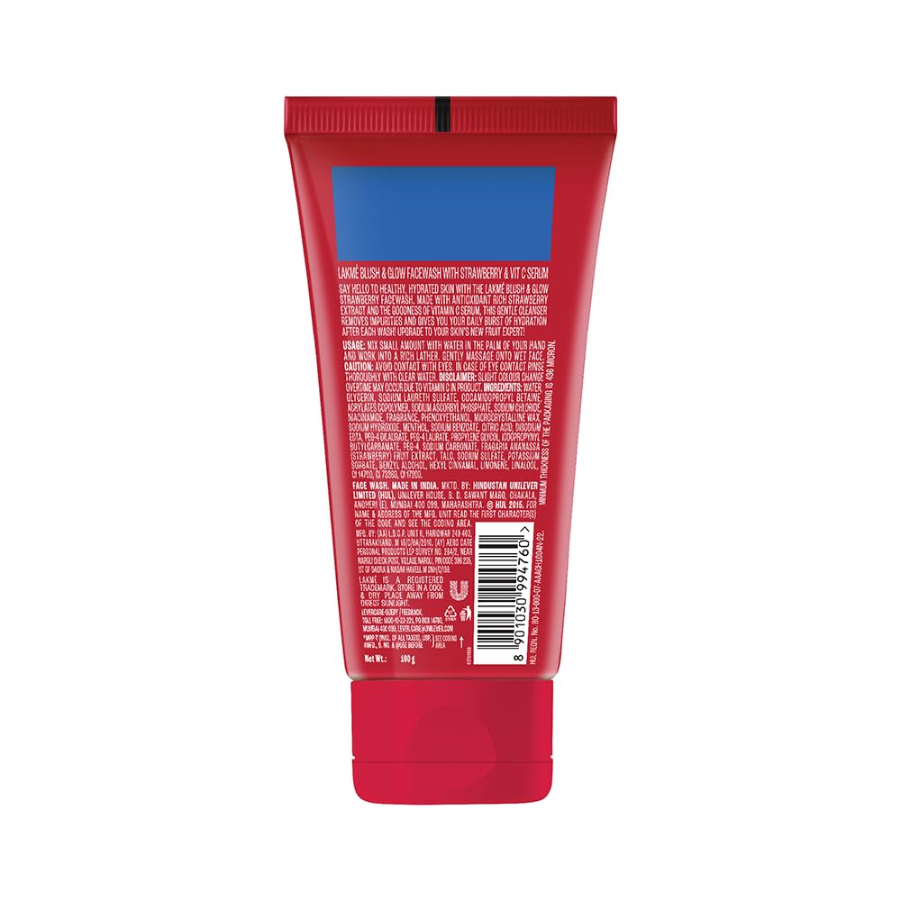 Lakme Blush & Glow Exfoliating Face Wash with Vitamin C Serum, Hydrating and Gentle Facewash with Strawberry Fruit Extracts, 150gm