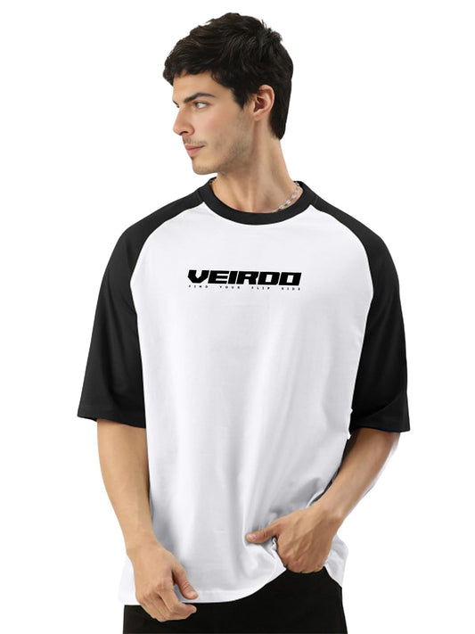 Veirdo® 100% Pure Cotton Oversized Loose Baggy Fit Drop Shoulder Round Neck Cool Front Chest Typographic Logo Printed Raglan Sleeve T-Shirt for Men (Colors: White, Black, Swanwhite, Beige & Grey)