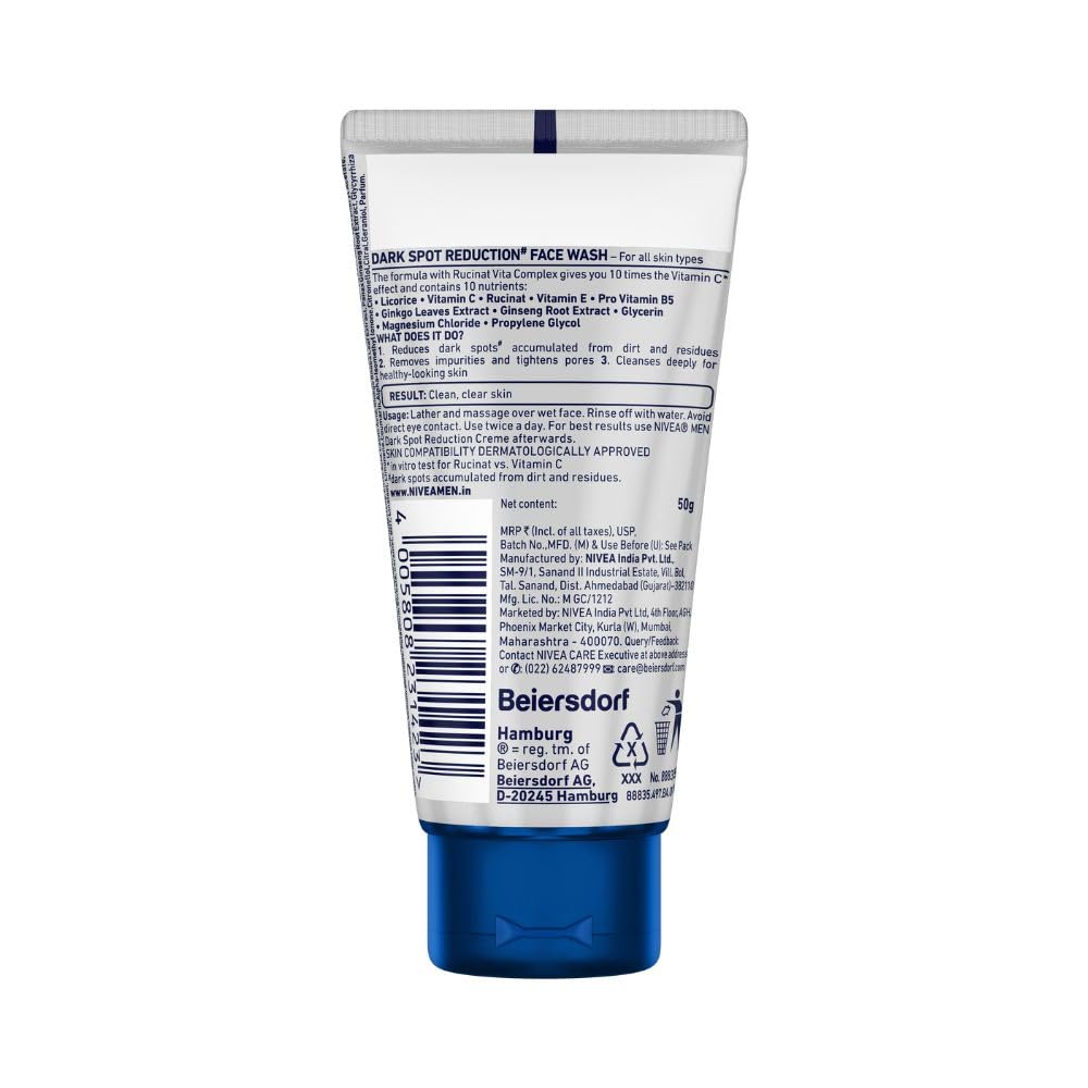 NIVEA MEN Dark Spot Reduction Face Wash 100 g | With Ginko and Ginseng Extracts for Clean, Healthy & Clear Skin in Summer | 10 X Vitamin C Effect for Radiant Skin |For Dark Spot Reduction