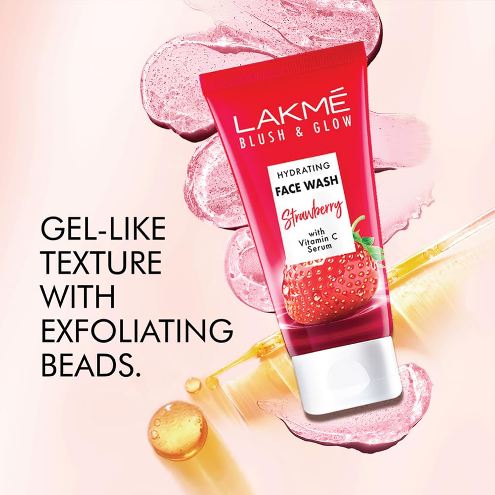 Lakme Blush & Glow Exfoliating Face Wash with Vitamin C Serum, Hydrating and Gentle Facewash with Strawberry Fruit Extracts, 150gm