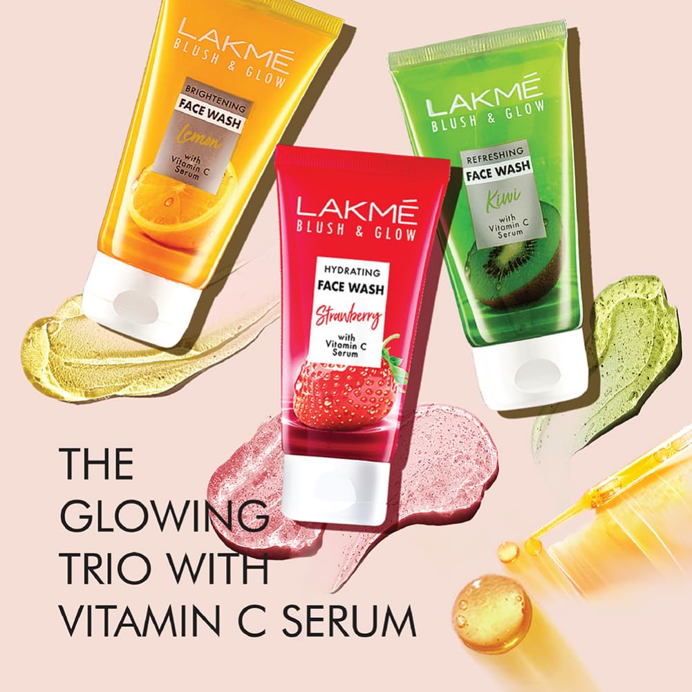 Lakme Blush & Glow Exfoliating Face Wash with Vitamin C Serum, Hydrating and Gentle Facewash with Strawberry Fruit Extracts, 150gm