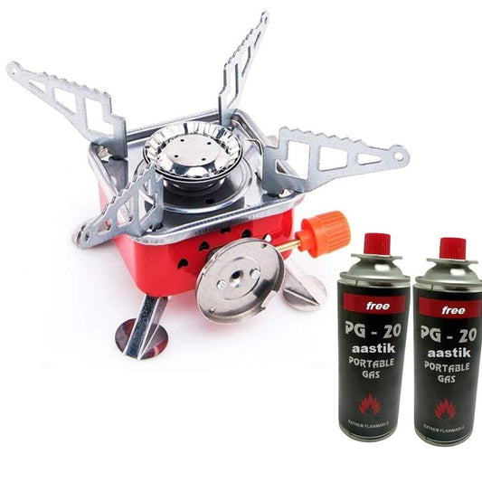 AASTIK SALES Camping Stove Gas Stove Folding Furnace Portable Square-Shaped Gas Butane Burner Camping Picnic Folding Stove Camping Hiking Picnic Cookout (Gas stove+2 Refill), Alloy Steel
