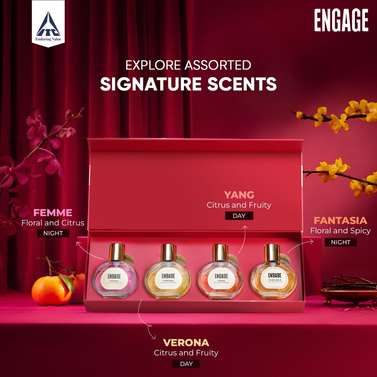 Engage Luxury Perfume Gifts For Women, 100ml, Long Lasting Smell, Best Birthday, Anniversary Gift Hamper by ITC, Eau De Parfum, Travel Sized Combo, 25ml x 4