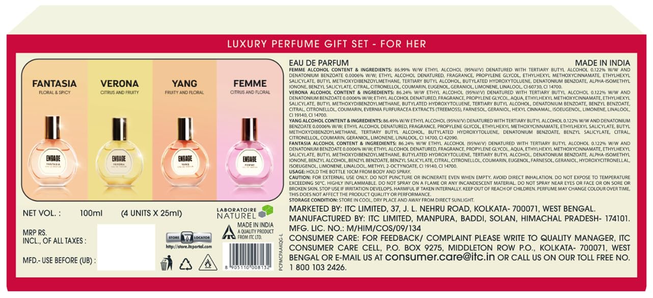Engage Luxury Perfume Gifts For Women, 100ml, Long Lasting Smell, Best Birthday, Anniversary Gift Hamper by ITC, Eau De Parfum, Travel Sized Combo, 25ml x 4