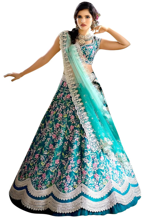 TRENDMALLS Women's Satin Embroidery Lehenga Choli With Dupatta (L57-Turquoise, Semi stitched)